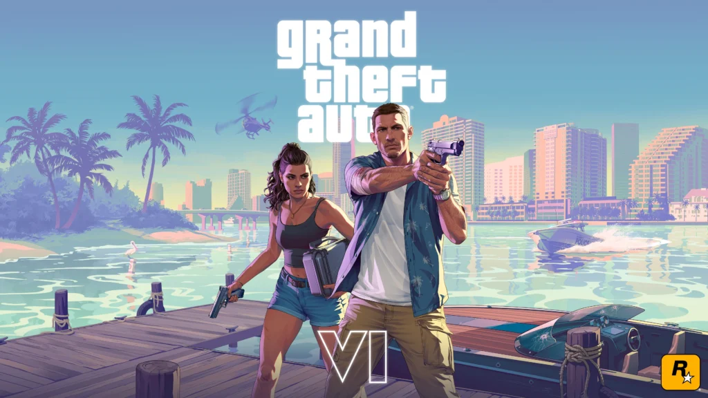 GTA 6 protagonists Lucia and Jason against a Vice City sunset, discussing the new GTA 6 release date
